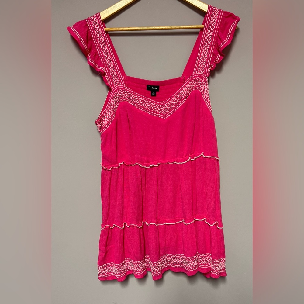 TORRID Plus Size Women’s 1 Hot Pink Babydoll Embroidery Tiered Sleeveless Blouse